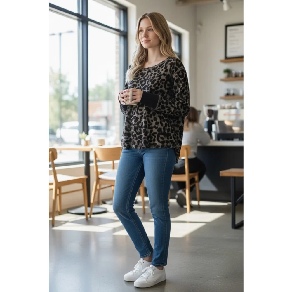 Women's SHEIN Plus Long Sleeve Thermal 2X Brown Black Leopard Print - Picture 4 of 4